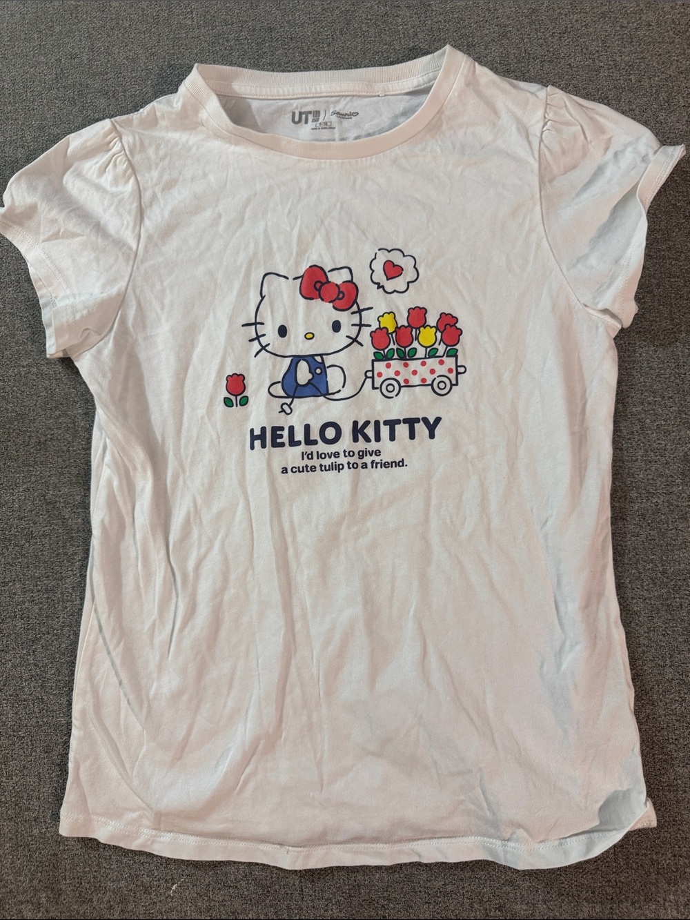 5/$15- Hello Kitty White Tee with Red Bow and Tulip Graphic